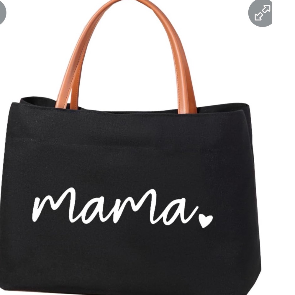 Mama Heart Graphic Canvas Tote Bag Black Tan Handles Magnetic Snap Pocket